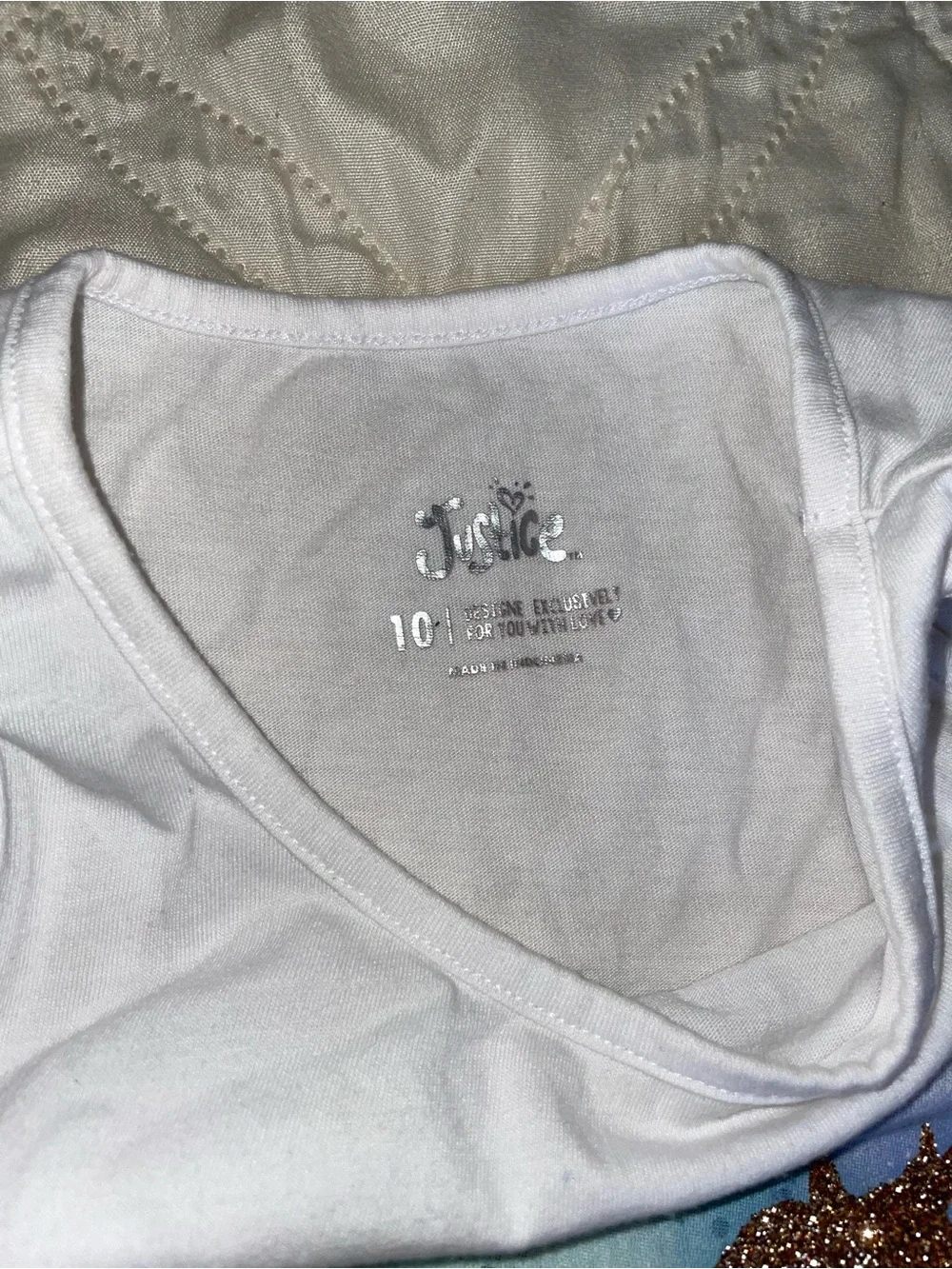Justice White Tank Top with Gold Glitter Unicorn and Pastel Accent